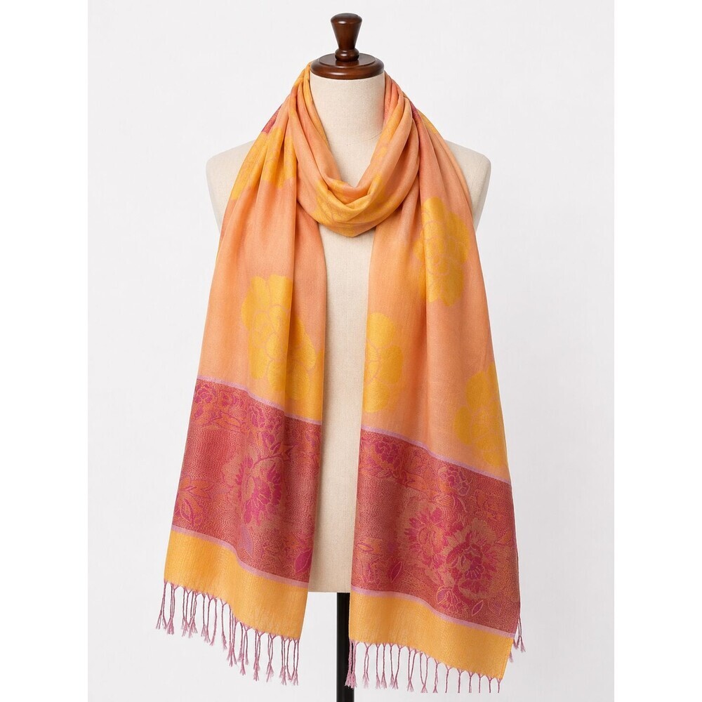 100% Pashmina Wrap Scarf Fringe Floral Print Metallic Thread Accents Preppy